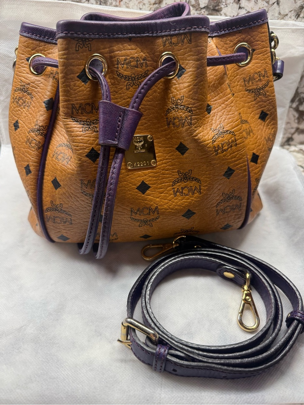 MCM Cognac Visetos Bucket Bag with Purple Trim